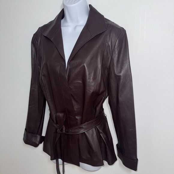 Lafayette 148 Burgundy Soft Leather Belted Jacket Fitted Buttons Collar Women 14 - Picture 2 of 11
